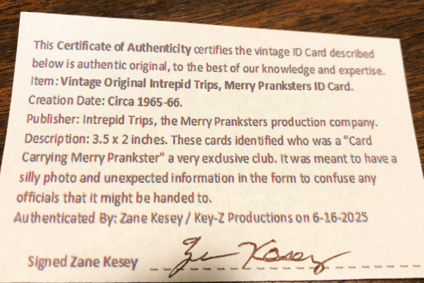 ORIGINAL vintage 1965-66 Acid Test, Merry Prankster (Intrepid Trips) ID Card