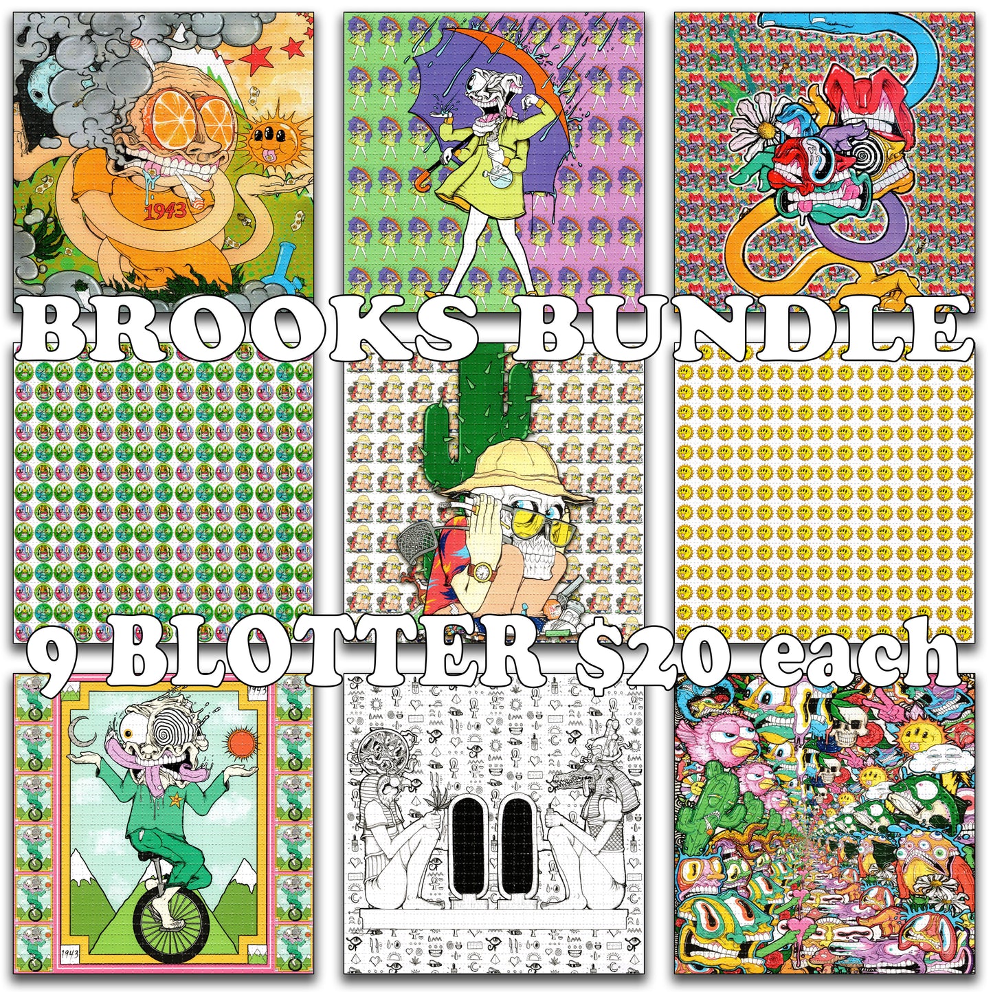 BROOKS BUNDLE 9 Blotters by Aaron Brooks - ABrooks Art SIGNED by Aaron Limited Edition LSD blotter art print (Copy)