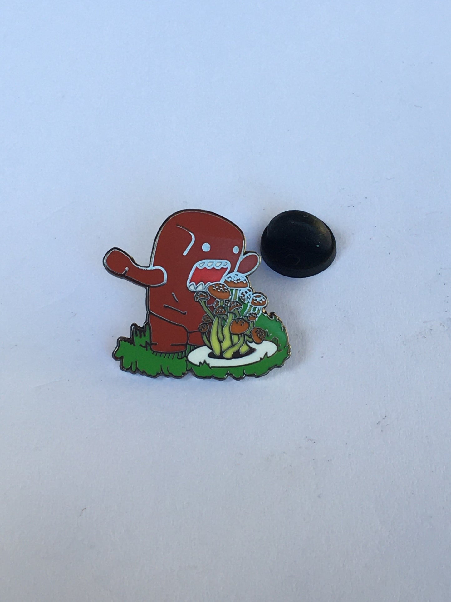 Red Monster Eats Shrooms Pin
