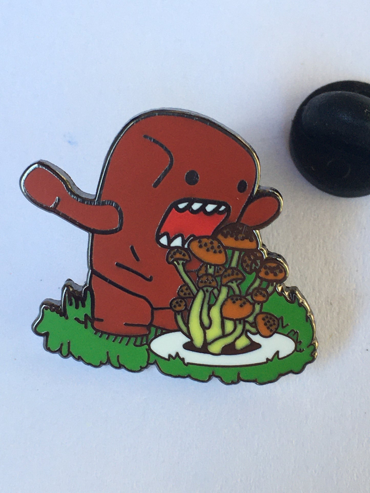 Red Monster Eats Shrooms Pin