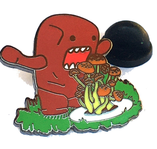 Red Monster Eats Shrooms Pin