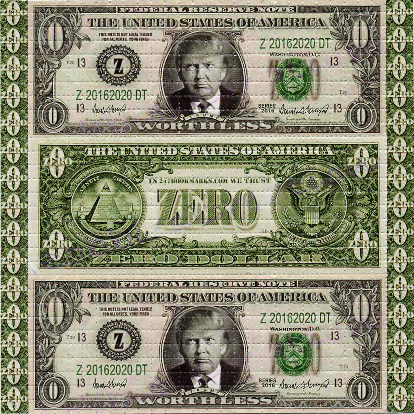 Trump Zero Dollar Bill LSD blotter art print